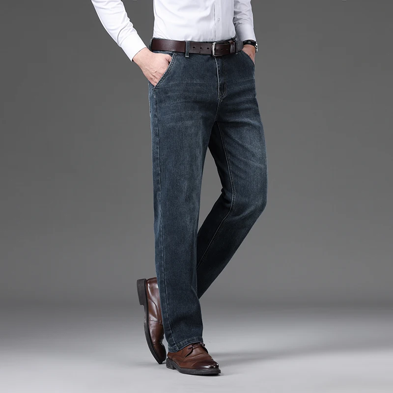 Nuevos pantalones vaqueros rectos de otoño para hombre, pantalones vaqueros informales de negocios de algodón elásticos lavados clásicos, ropa de marca de moda, negro, azul y gris