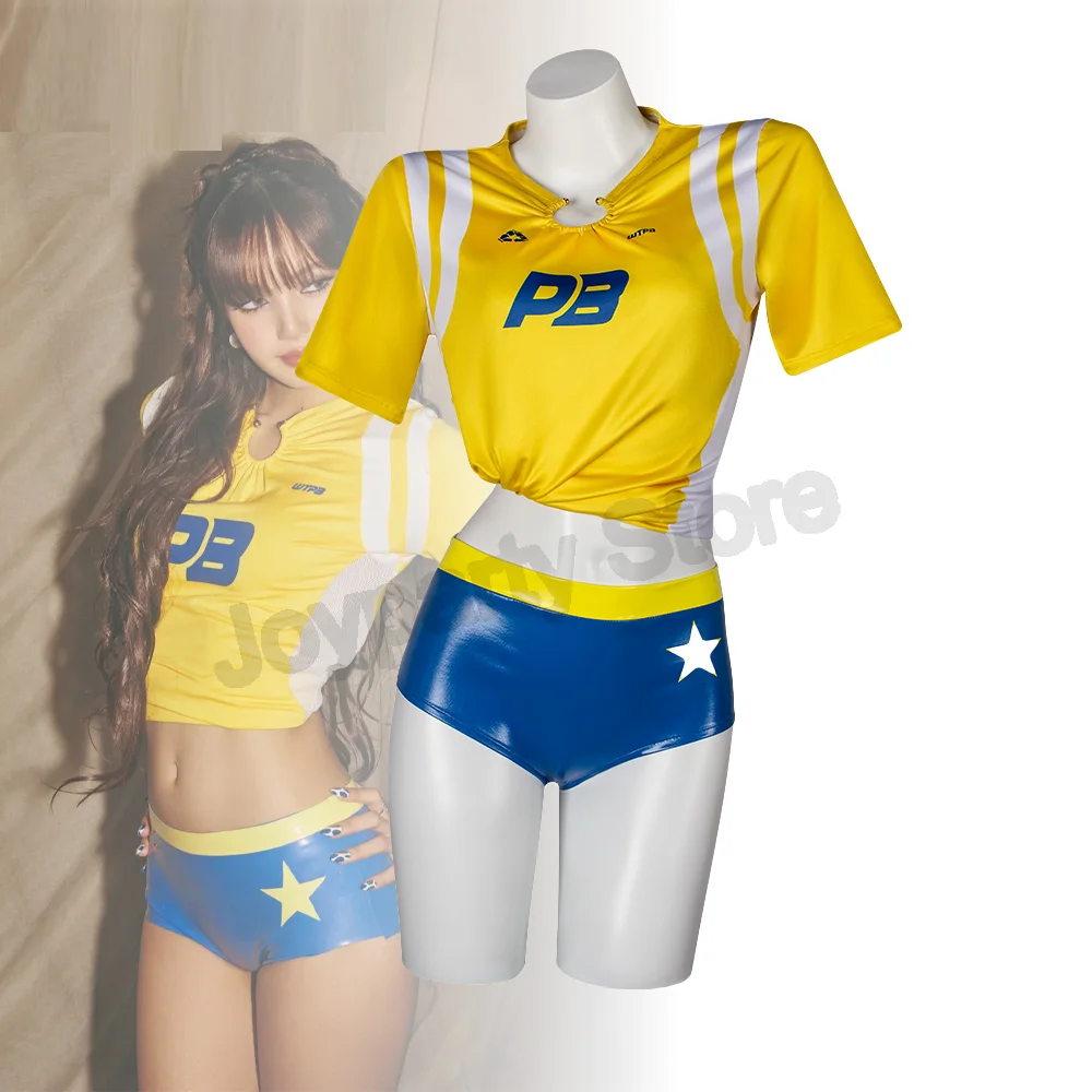 Football Sexy Lisa Cheerleader cosplay High School Women Costume Mini Crop yellow Tops Blue Shorts pant Sports Soccer Uniform - view 2