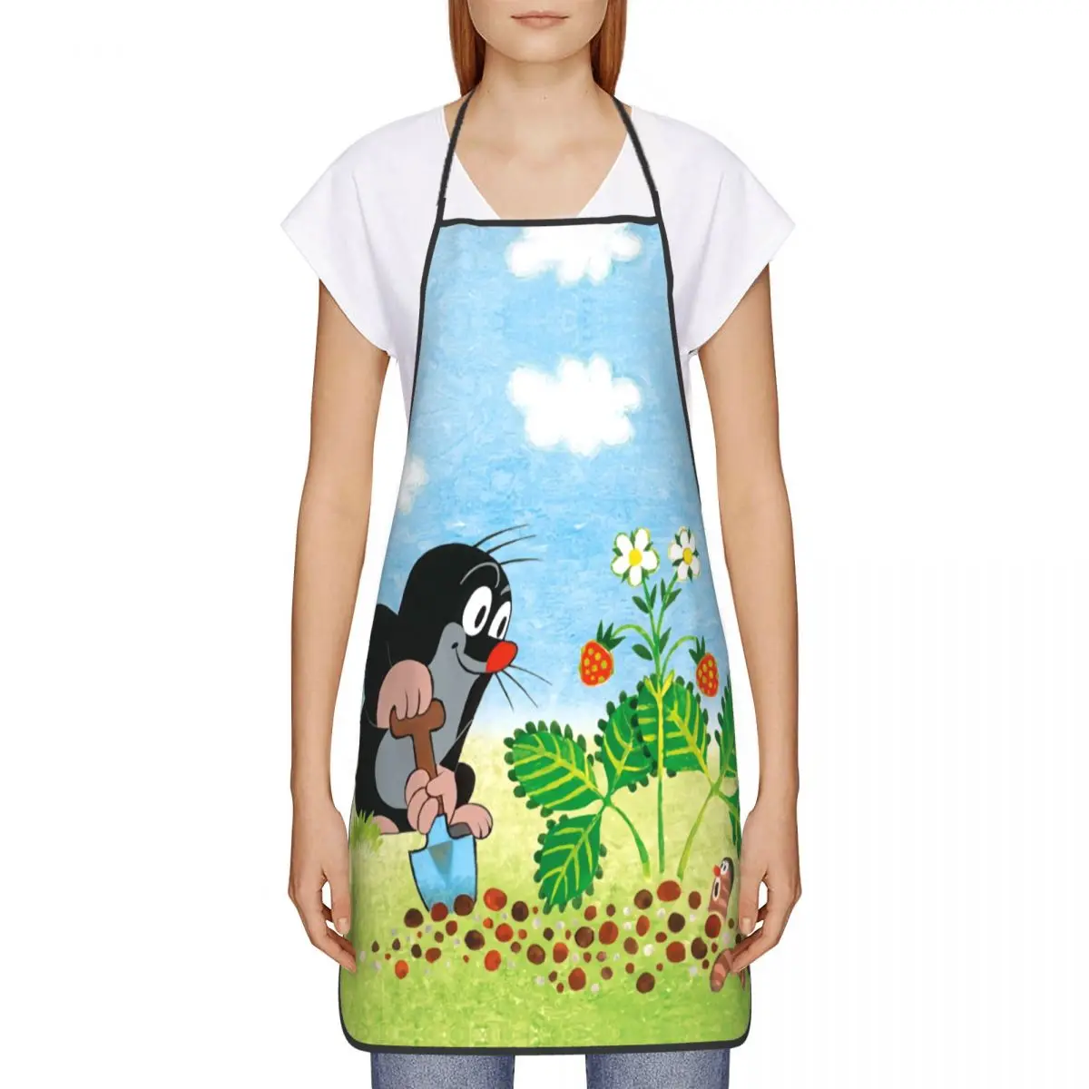 Unisex Cute Mole Digging Apron Adult Women Men Chef Tablier Cuisine for Kitchen Cooking Cartoon Krtek Little Maulwurf Gardening