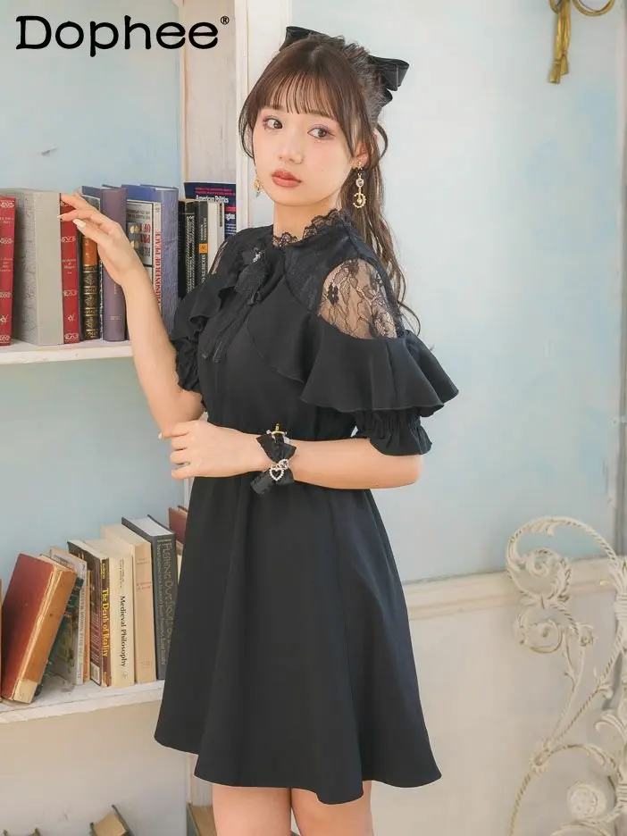 

Japanese Single Rojita Women Dress Summer Loose Slimming Ruffled Doll Collar Short Sleeve Dress Lolita Commuter Short Dresses