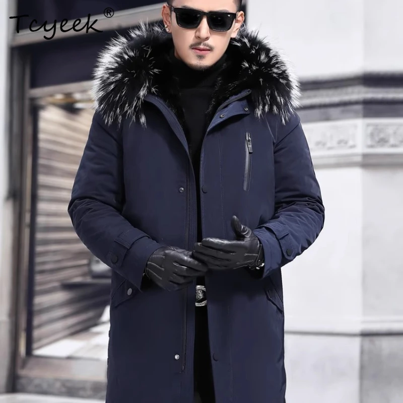 

Tcyeek пальто из натурального норкового меха, мужская одежда, зимняя куртка, теплый воротник из меха енота, мужские пальто, парка средней длины, куртка из натурального меха 2025