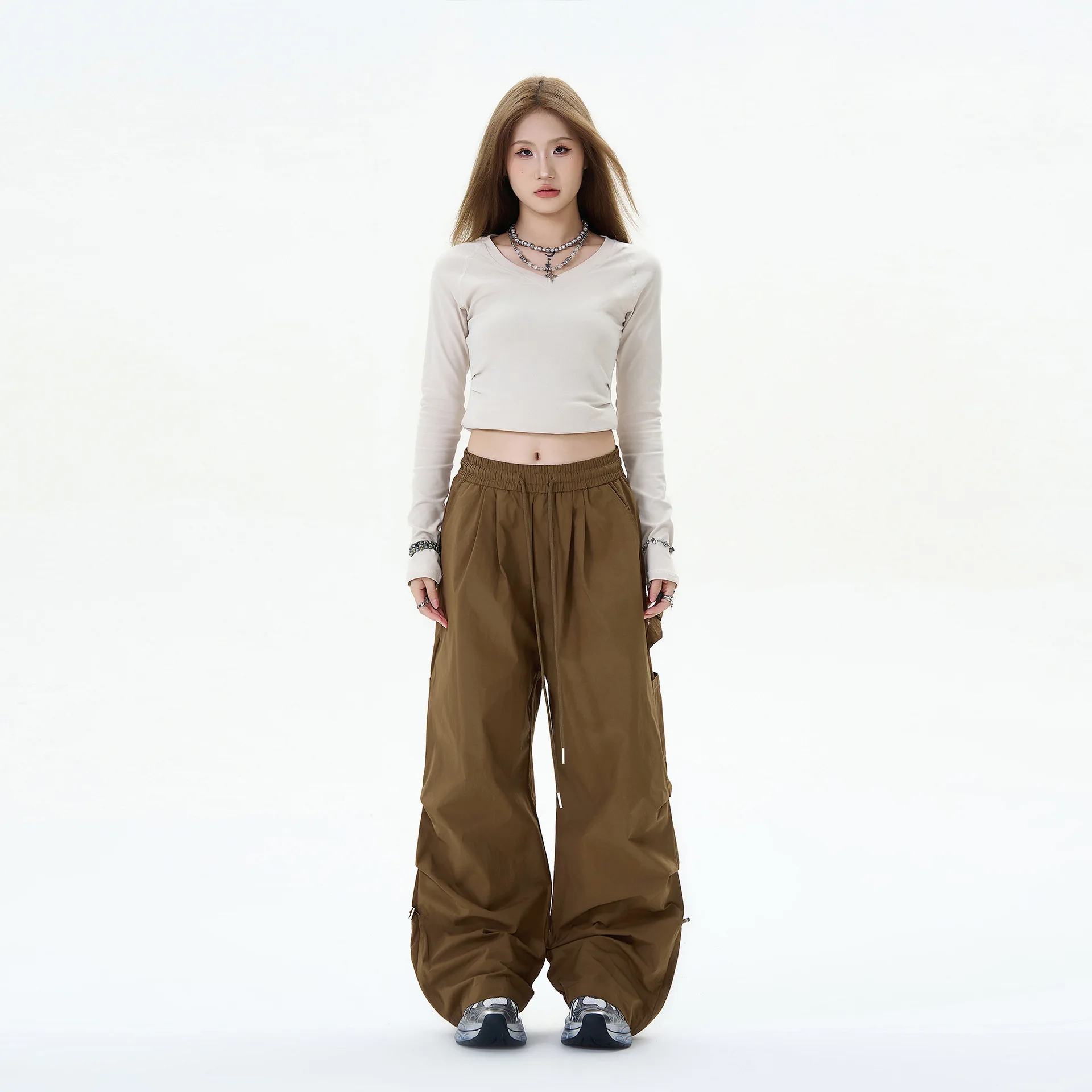 OR FL Women's American Baggy Wide Leg Pink Cargo Trousers Trendy Brand Pull Rope Tuck in Your Waist Outdoor Paratrooper Pants