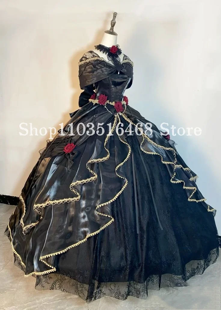 Vintage Victorian Prom Dress Black Gothic Fantasy Strapless Lolita Corset Corset Gold Lace Appliqued Puffy Dresses Gala