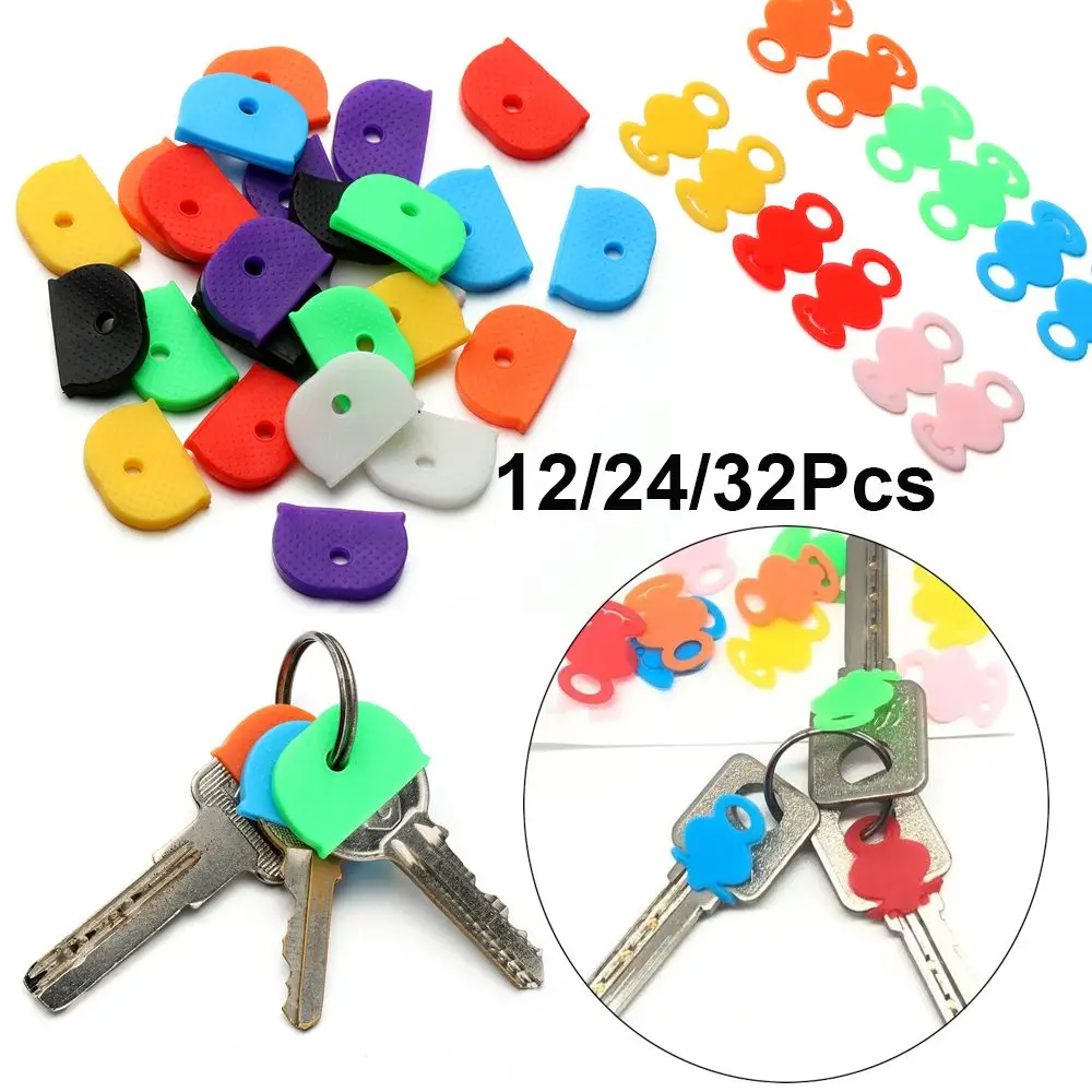 12/24/32pcs Fashion Silicone Label Organizer Tags Key Cap Covers Topper Key Holder Key Identifier Keyring Rings