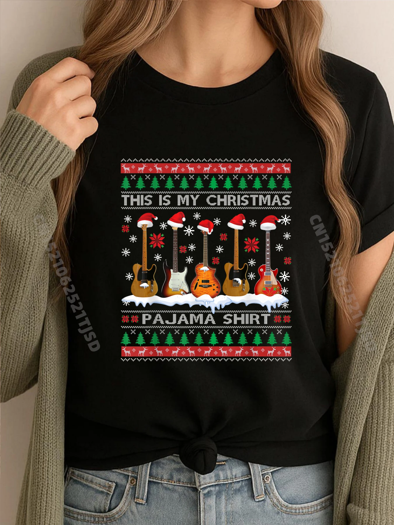 

This Is My Christmas Pajama Shirt Guitar Ugly Xmas Sweater Red And Black Graphic T Shirt Shirts For Woman Figures