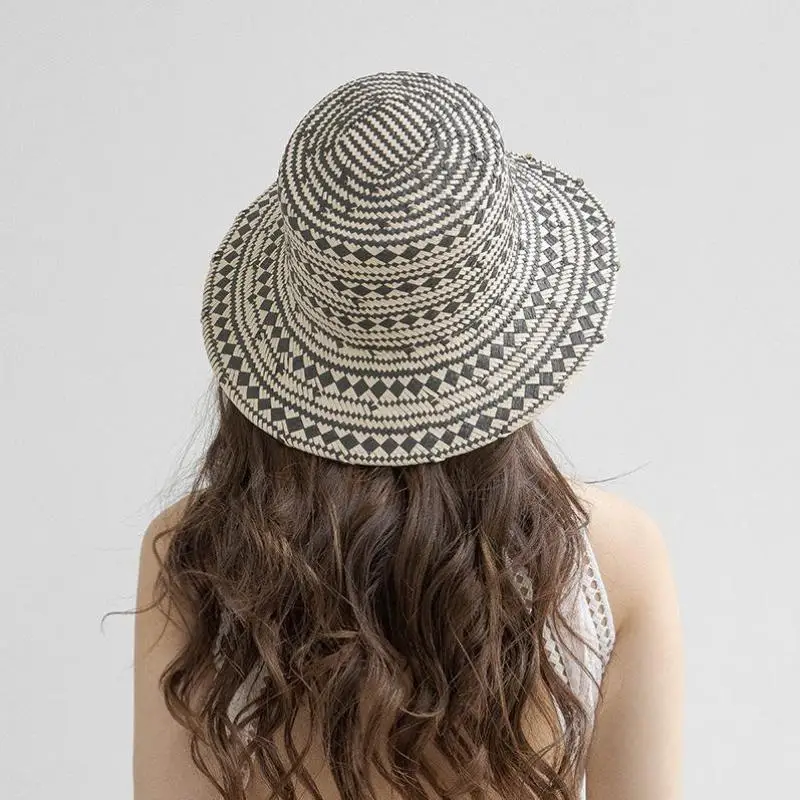 

Sun Hat Women Braided Paper Grass Black White Geometric Flat Top Fisherman Hat Outdoor Sunshade Summer Beach Straw Hat Seaside