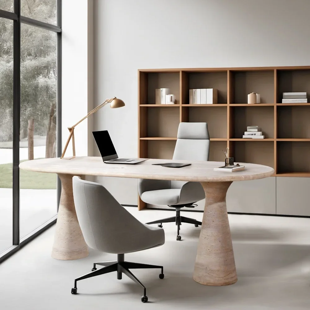 

2026 OEM ODM Factory customized size office furniture modern travertine marble oval dining table desk office table