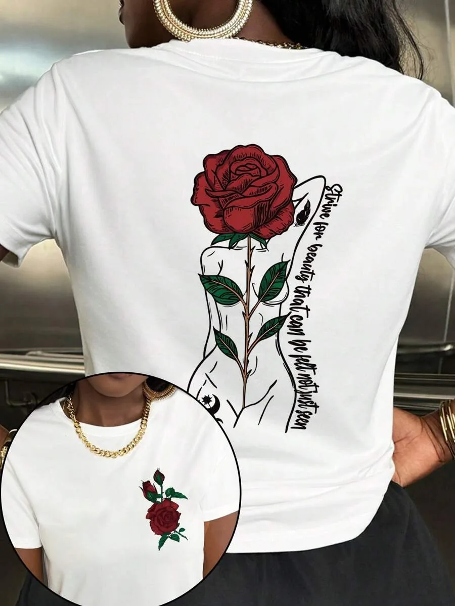 

Футболка больших размеров с рисунком розы и тела, с коротким рукавом и вдохновляющим слоганом