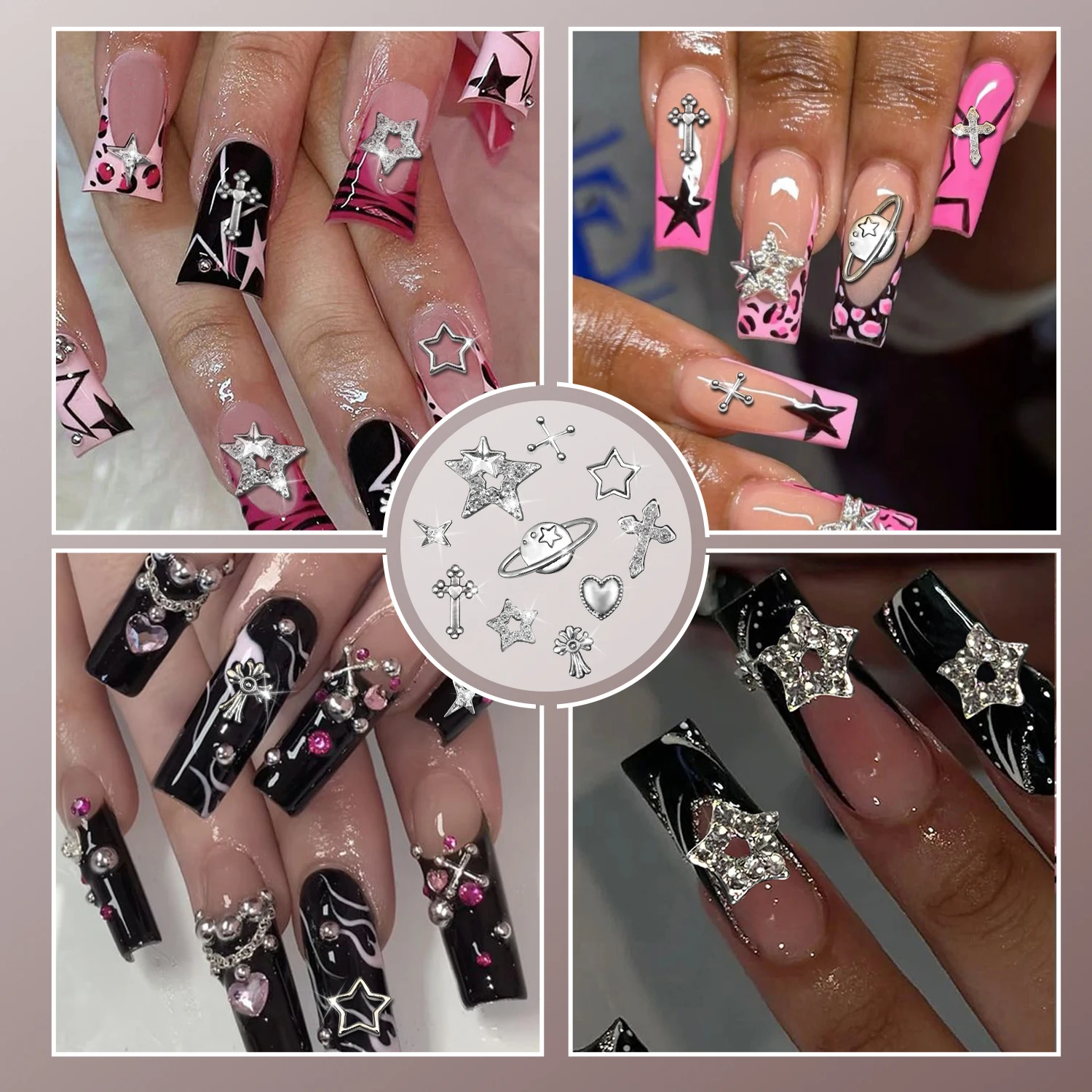 Diamantes para uñas Ebanku, 100 diamantes decorativos para decoración de uñas de plata Y2K, lazo de mariposa, estrella, cruz, palo para uñas, gema acrílica 3D para uñas, diseño DIY (10 estilos)