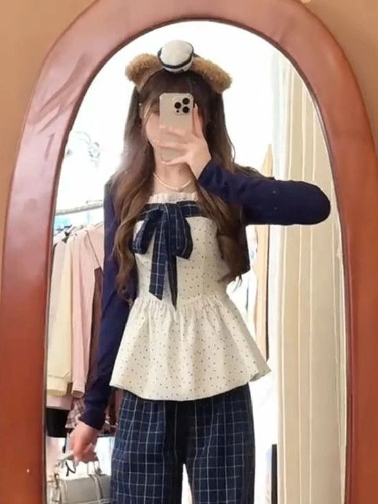 Moda coreana Y2k, Tops cortos, conjunto de cárdigan para mujer con lazo, camisetas Vintage con cordones de los años 2000, camisetas elegantes de manga larga para subcultura Harajuku