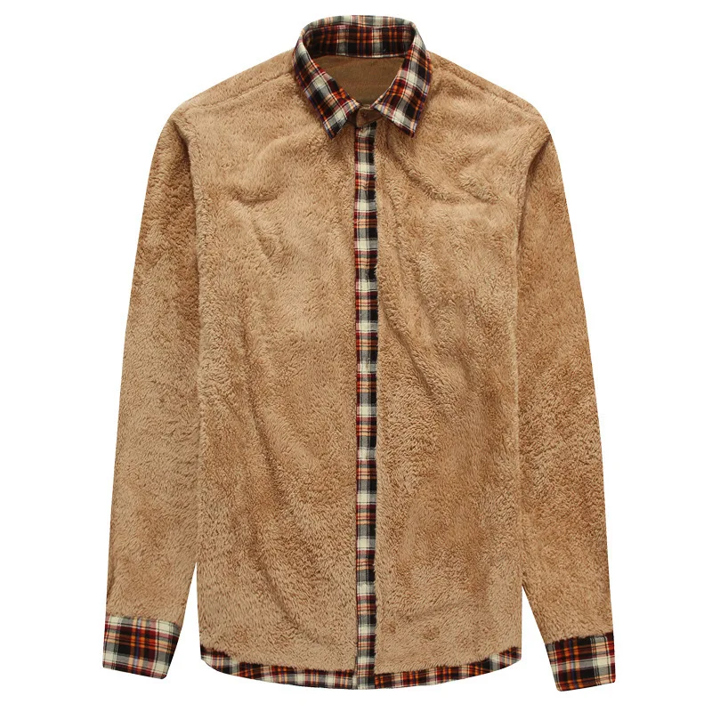Winter Fleece Plaid Long Sleeve Shirt Men's Brushed Thick Warm Top