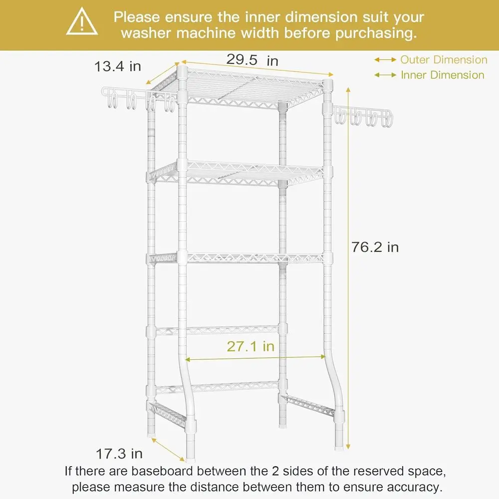 منظم تخزين مجفف الغسيل فوق الغسالة، 29.5 عرض × 17.3 عمق × 76.2 ارتفاع، يناسب آلات 27.1 وات، سعة تصل إلى 304 رطل، أبيض
