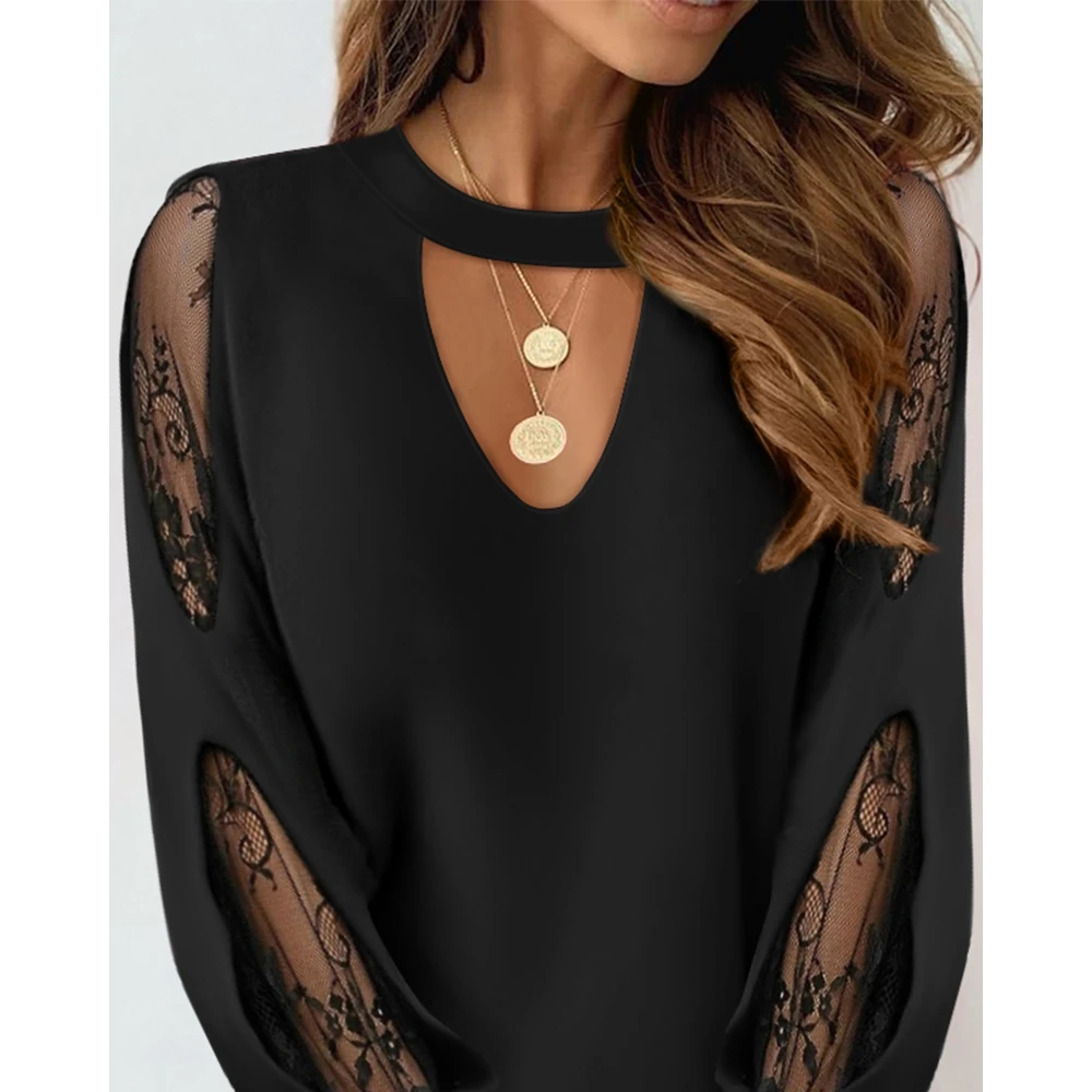 Women Contrast Lace Sheer Mesh Long Sleeve Blouse Trendy Traf Top Femme Casual Keyhole Neck Lady New Cut Out Black Y2k T Shirt