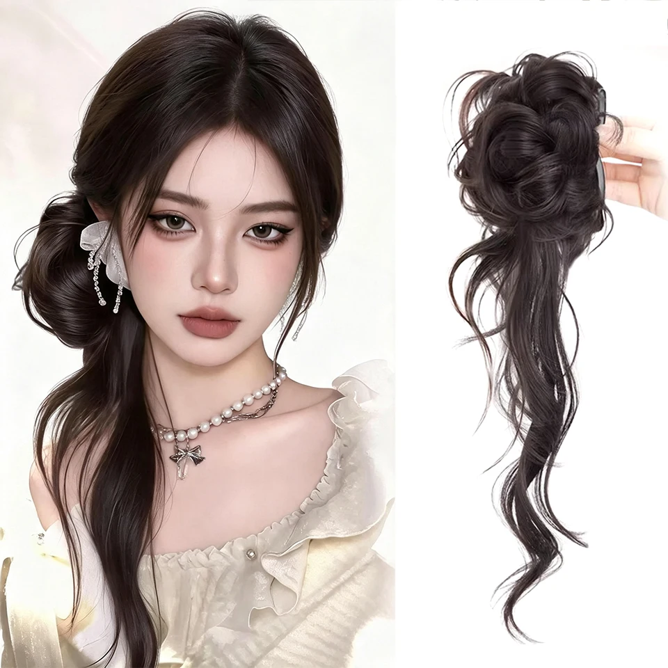 Synthetic long dragon beard bun head clip wig retro Korean version lazy fluffy flower bud head suitable for women to wear