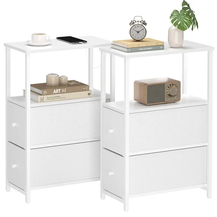 

Small Narrow End Table, Set of 2, Side Table, Nightstand with 2 Cloth Drawers, Couch Table, for Living Room, Bedroom, Bedside,