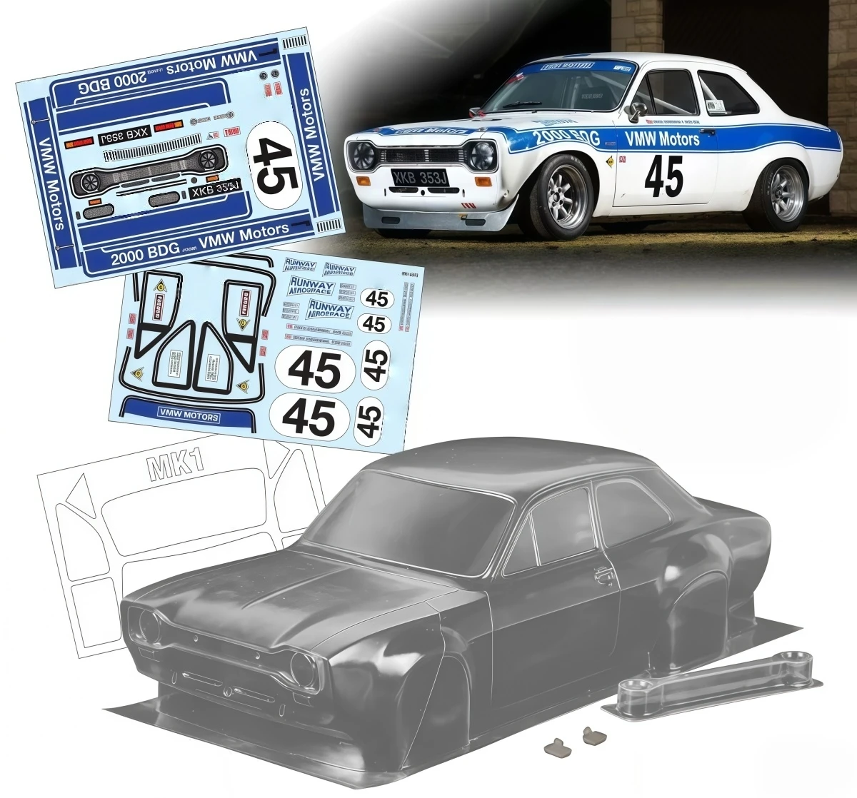 1/10 Escort MK1 Clear PC Body Shell 190mm Width With Light Buckets + Mirrors and Decal For 1:10 RC Touring Rally Drift Car