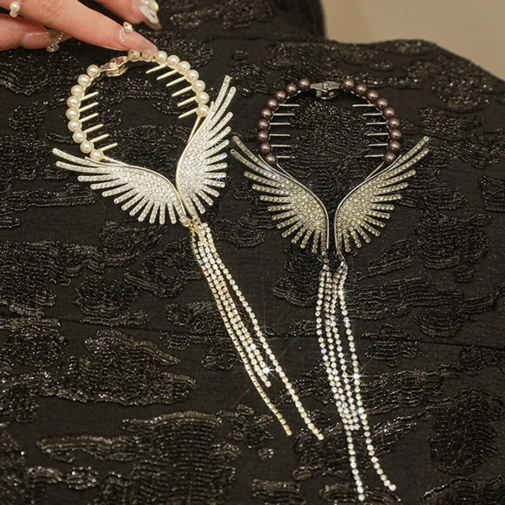 

New Angel Wings Hair Bun Hair Clips Women Girls Rhinestone Tassel Ponytail Button Hairpin Golden Fashion Accessories