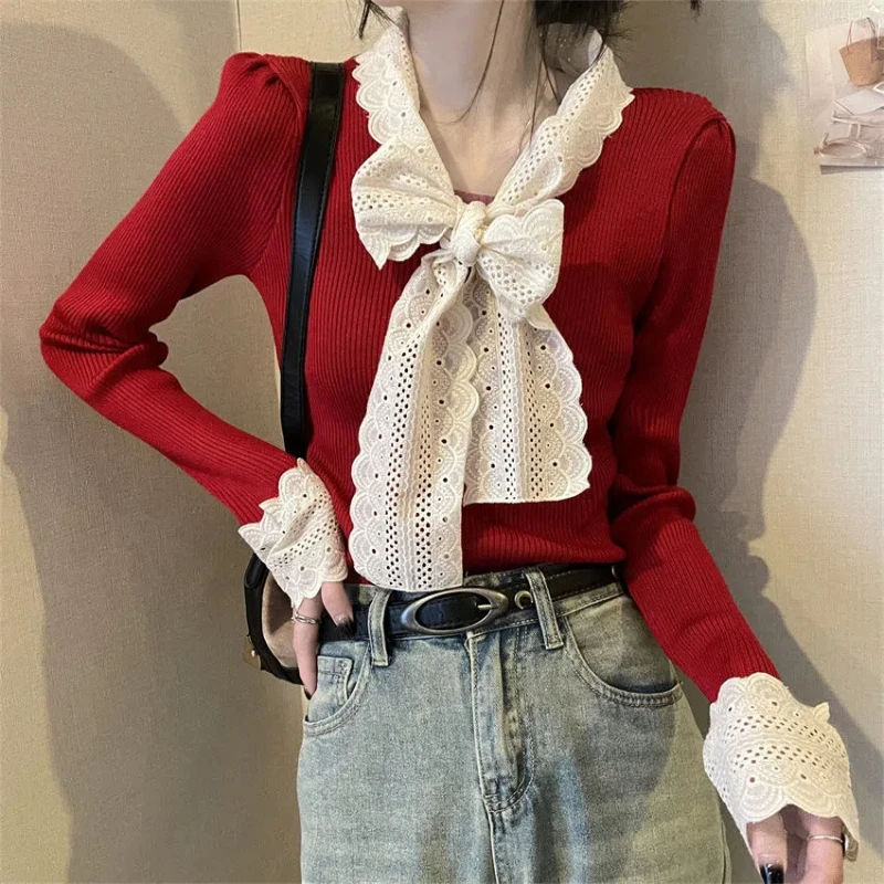 

Lace Patchwork Sweet Knitted Sweater for Women Spring Autumn New Bow Bandage Slim Korean Pullovers Top Fashion Elegant Clothing