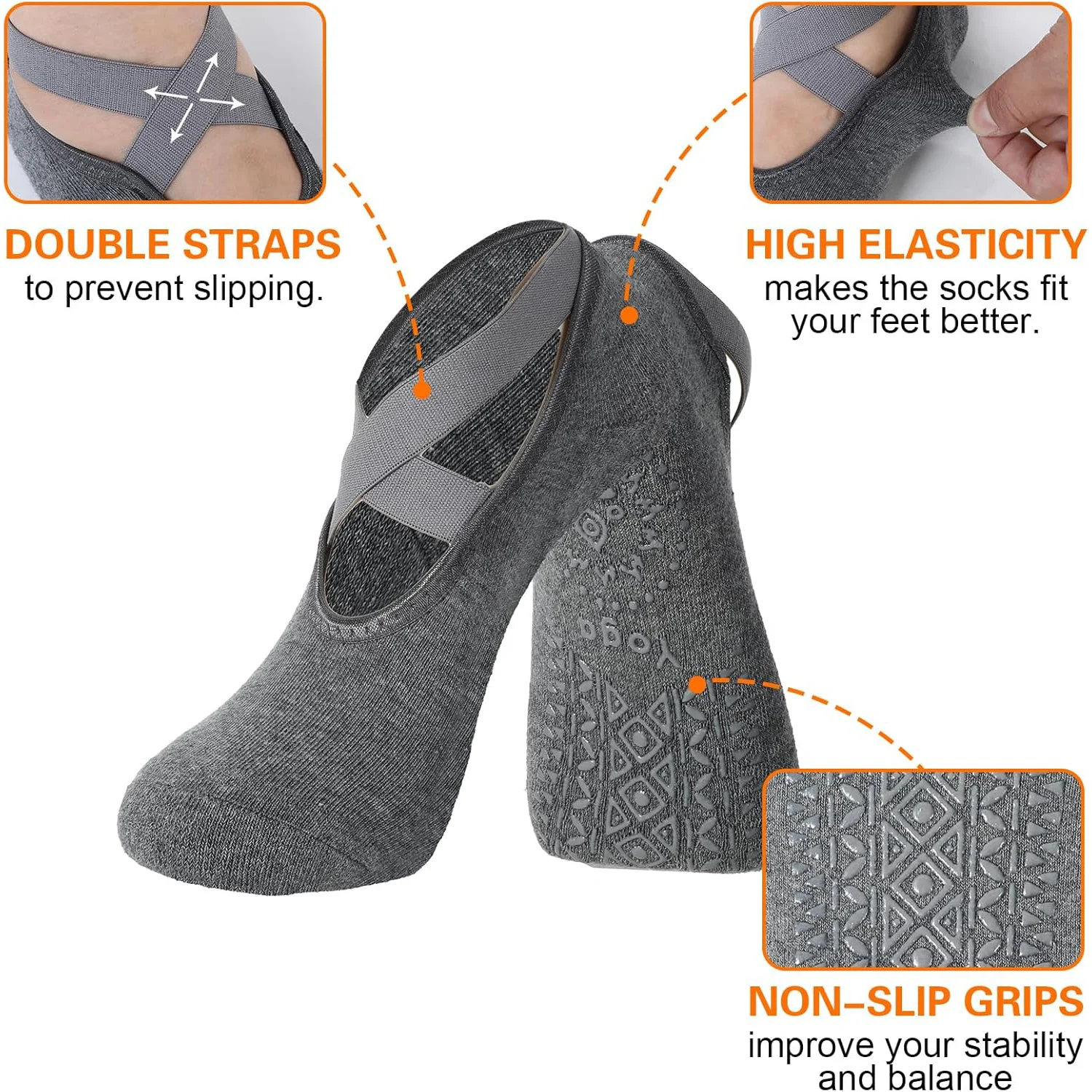 3 Pairs Yoga Socks for Women Non-Slip Barre Socks with Straps Ballet Dance Socks for Yoga Pilates Ballet Barre Dance image 2