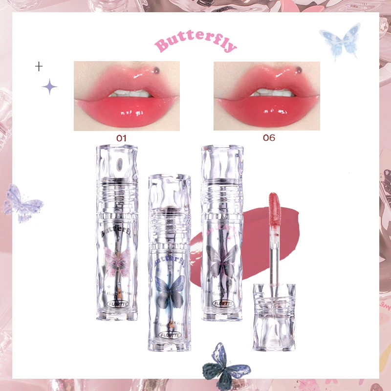 FLORTTE Lipstick Pink Water Gloss Clear Lip Glaze Waterproof Non-stick Cup Hydrating Plumping Fade Lip Lines Lip Gloss Makeup