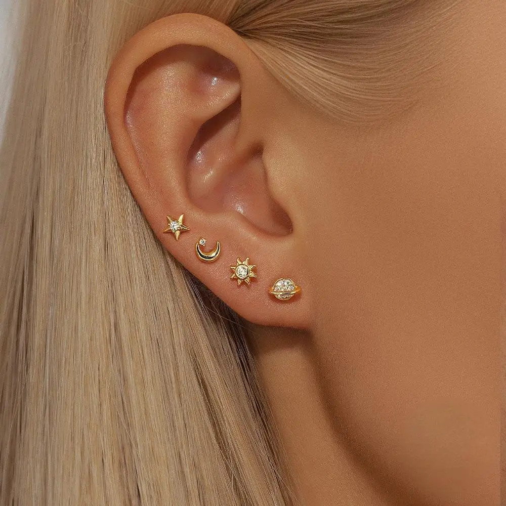 4PCS Minimalist Sun Moon Star Planet Stud Earring Set Stainless Steel Ear Piercing Earring for Women Simple Stud Earring Jewelry