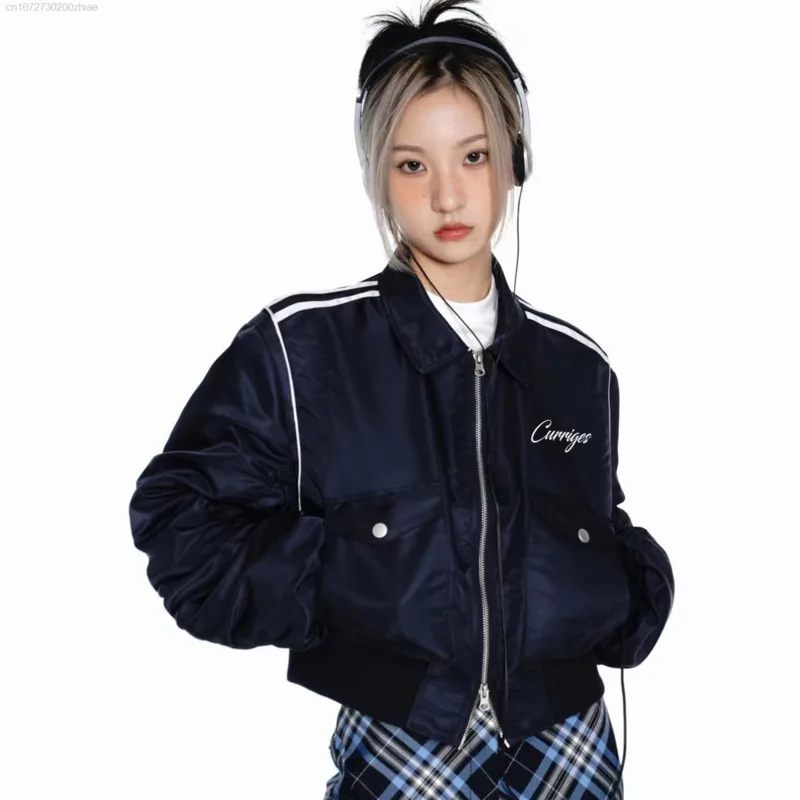 American Retro Y2k Casual Bomber Jacket Women Spring Autumn Zip Up Sport Jacket  Female Fashion Hip Pop Outerwear Short Coat New