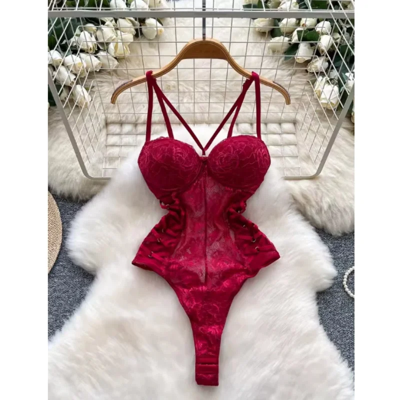 Sexy Lace Bodysuit Hotsweet See Through Mesh Patchwork Sleeveless Slim One Pieces Elegant Women's Strappy Lingerie Solid Color