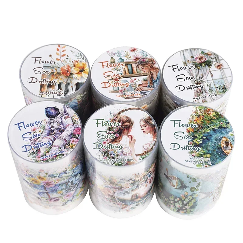 1Roll PET Wandering Series Flower Adhesives Handbook Base Material Decorative Tape Flower Sea Background Scrapbook cut 60mm*2m