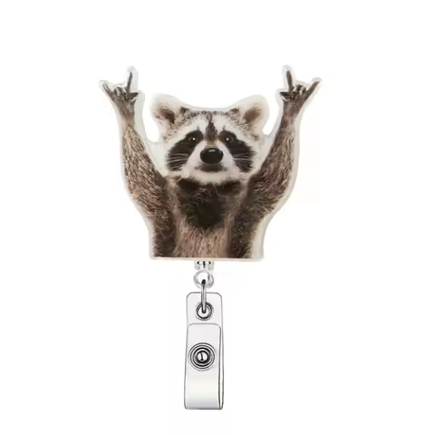 Funny Raccoon Badge Reel Acrylic Retractable ID Badge Clip with Alligator Clip Portable Badge Reel Holder