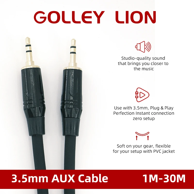 GOLLEY LION 3.5mm Stereo Audio Cable (Male to Male) Hi-Fi Sound Aux Cord for Car, Home Stereo, Headphones, Smart Speaker - Black
