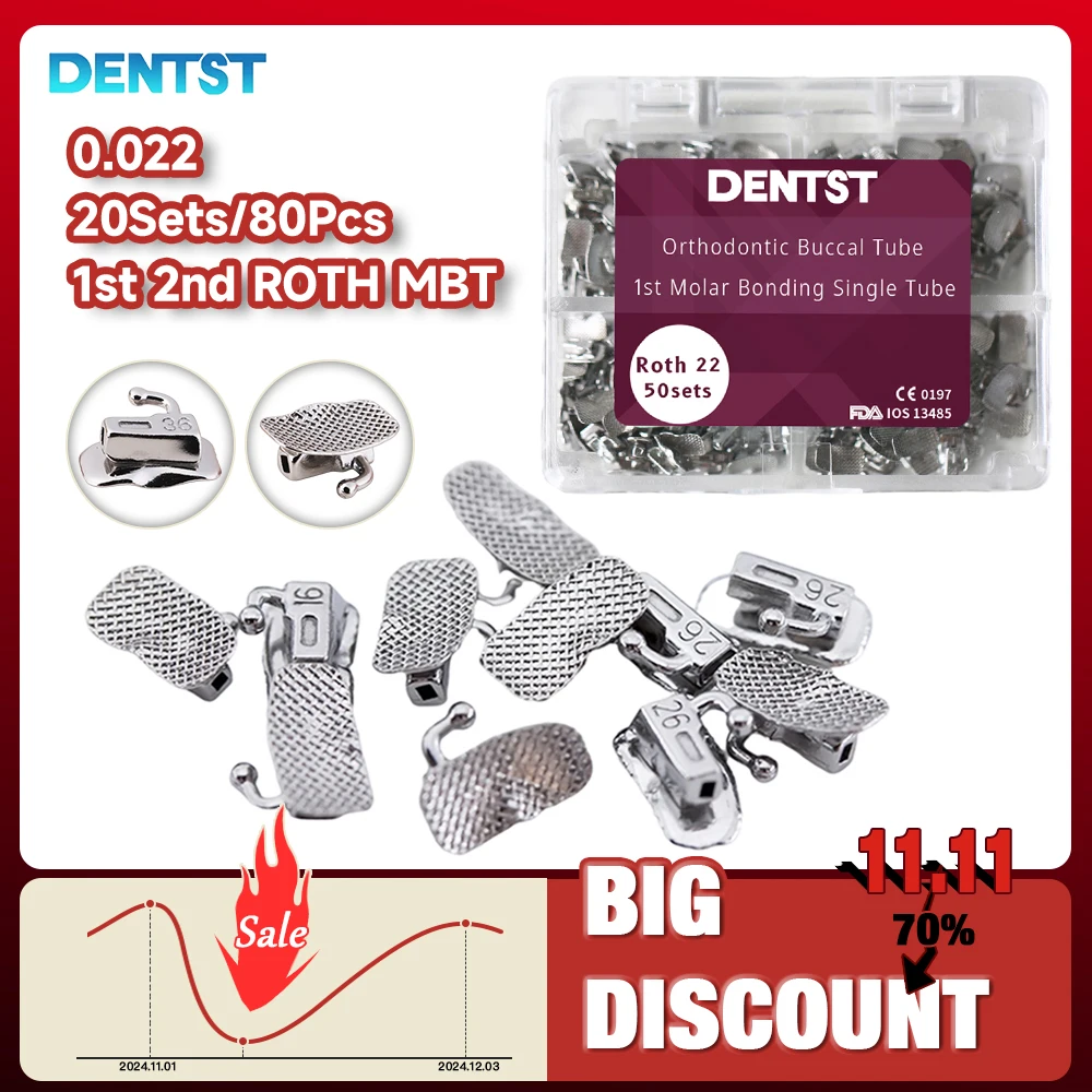 Dentst 20Sets/box Dental Tubos Orthodontic MBT Roth 022 1st/2nd Molar Bondable Buccal Tubes Non-Convertible Mesh Base Single Tub