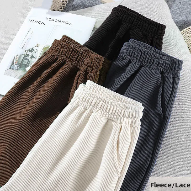 Cherished Corduroy Wide Leg Pants Women's Autumn Winter High Waist Drape Loose Fleece Thick Casual Straight Long Trousers