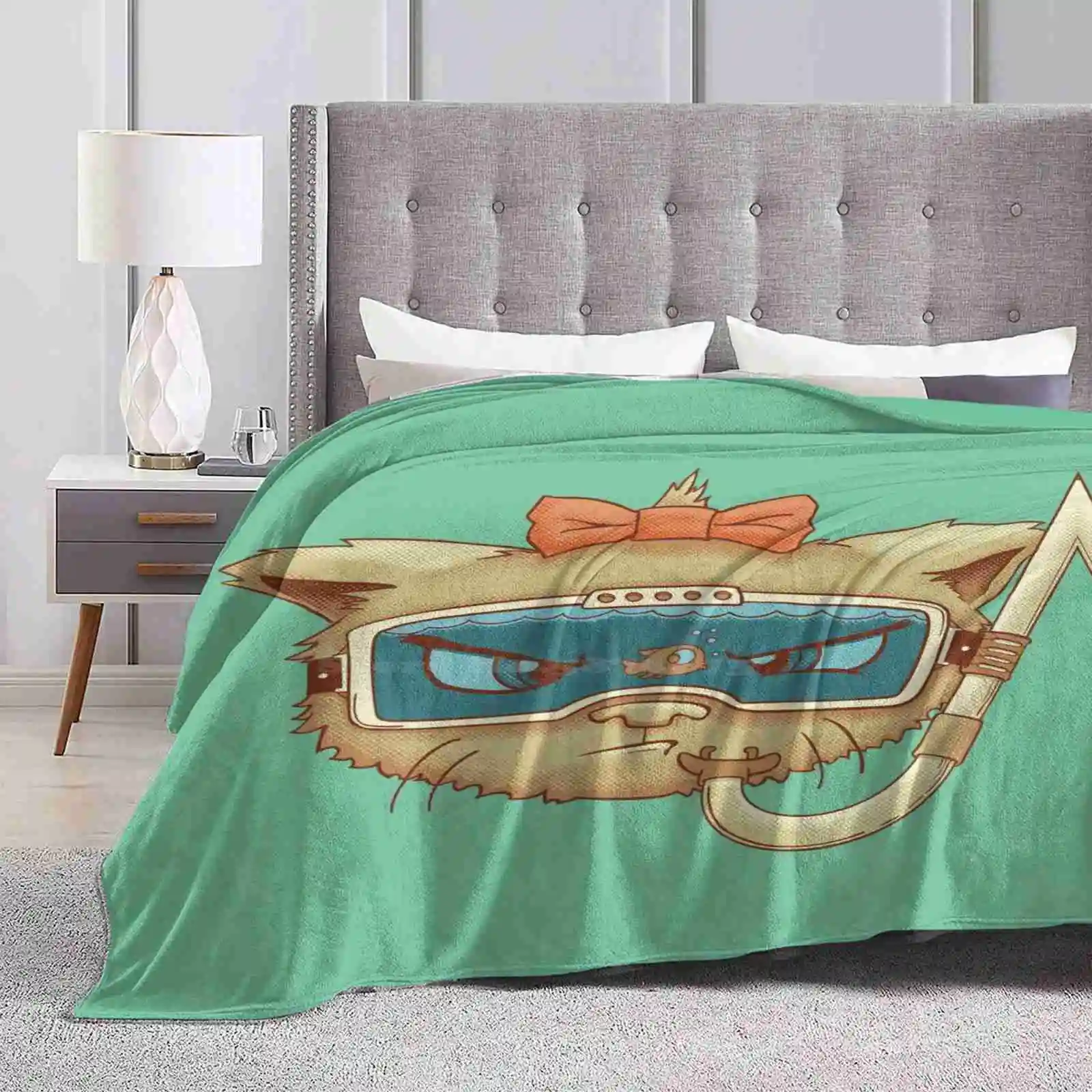 So Near But Yet So Far Creative Design Comfortable Warm Flannel Blanket Cat Fish Humor Scuba Snorkel Vector Grumpy Cute Cartoon