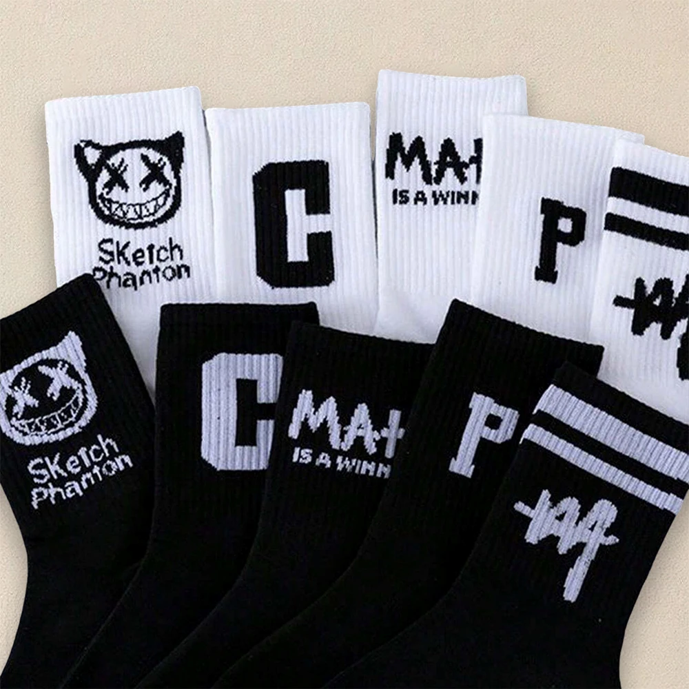 10 Pairs Men Letter Patterned Socks Creative Fashionable Versatile Trendy Socks Comfortable Lightweight Casual Mid Length Socks