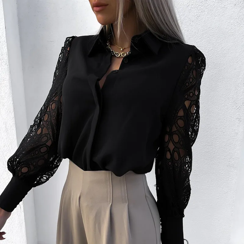 Biała koronka Patchwork Top Camisa Mujer wiosna lato Casual koszule z długim rękawem dla kobiet 2022 bluzki z wycięciami w stylu Vintage