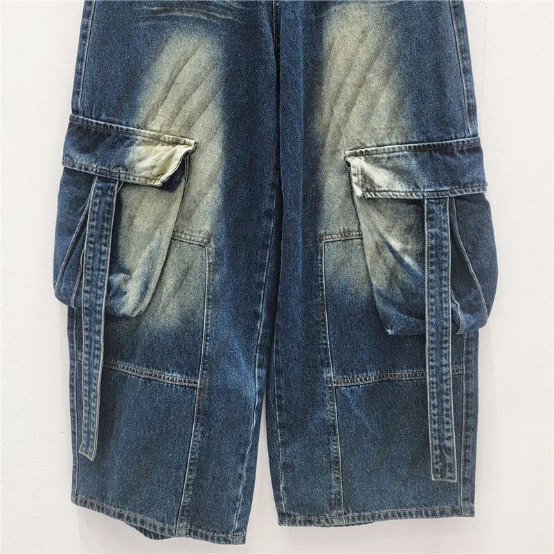 WTHT جديد عصري المرأة تفعل القديمة غسل جيوب كبيرة البضائع الجينز 2025 الشتاء موضة عالية الخصر واسعة الساق الدنيم السراويل الإناث 1LS2679