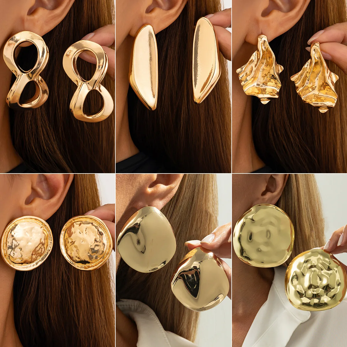 Geometric Irregular Crinkled Earrings Liquid Metal Heart Studs Smooth Shiny for Women Unique Lightweight Daily