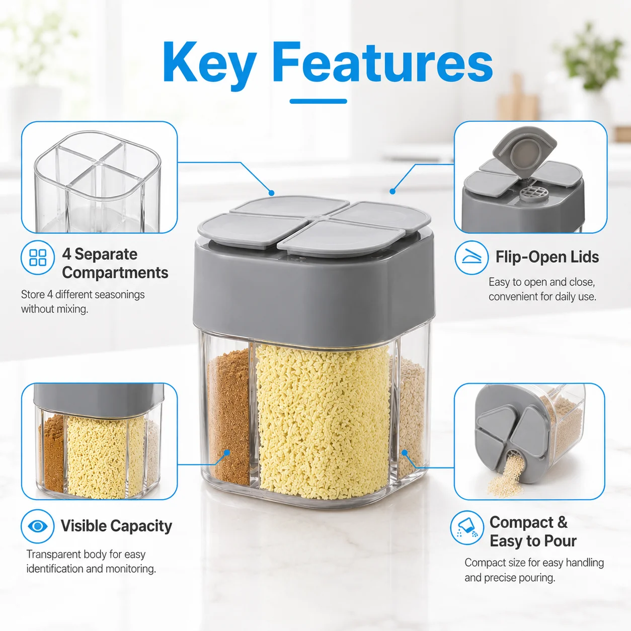 1PC 4 In 1 Kitchen Spice Jar Seasoning Bottle Multi Grid Condiment Container For Salt Sugar Pepper Storage Home Cooking Organize