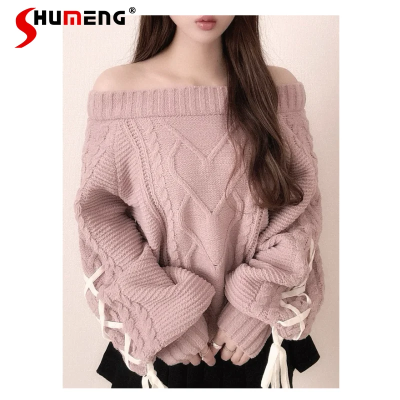 

Japanese Elegant Sweet Commuter Off-shoulder Lace-up Bow Long Sleeve Simple Versatile Knitted Pullovers Sweaters Women Winter