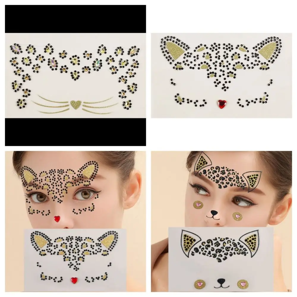 Natural Acrylic Diamond Cat Face Tattoo Temporary Waterproof Fake Cat Face Stickers DIY Long Lasting Tattoo Stickers Women