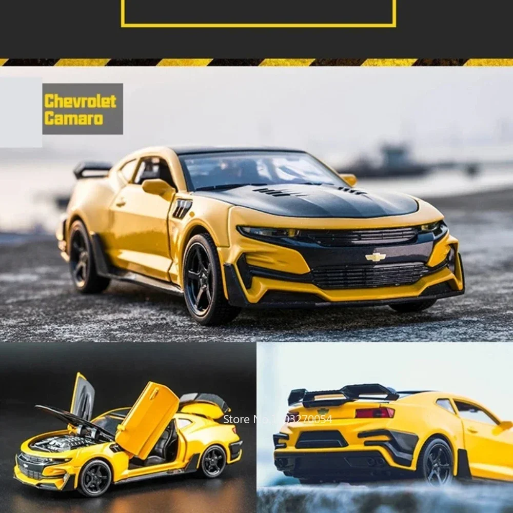 Camaro Model Toy Car for Boy, Liga de Metal Diecast com 4 Portas, Luz de Som Aberta, Veículo Traseiro, Coleção de Presentes, Escala 1/32