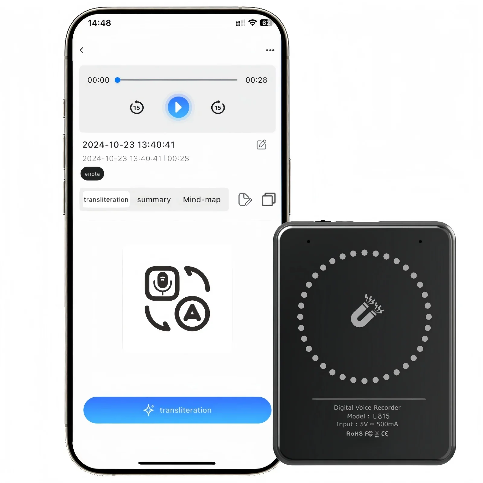 104-Language Translation Noise Reduction Ai-Powered Magnetic Voice Recorder W/64Gb Storage & App Control - Chatgpt Voice-To-Text