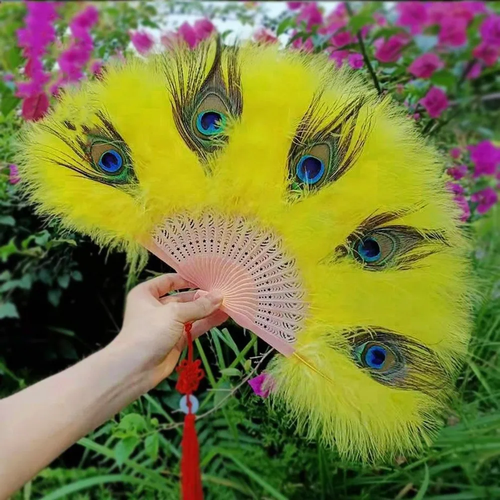 

New Ancient Style Large Peacock Fur Fan Multicolors 65cm Cheongsam Show Live Fan Gothic Dance Hand Fan Wedding Party Decoration