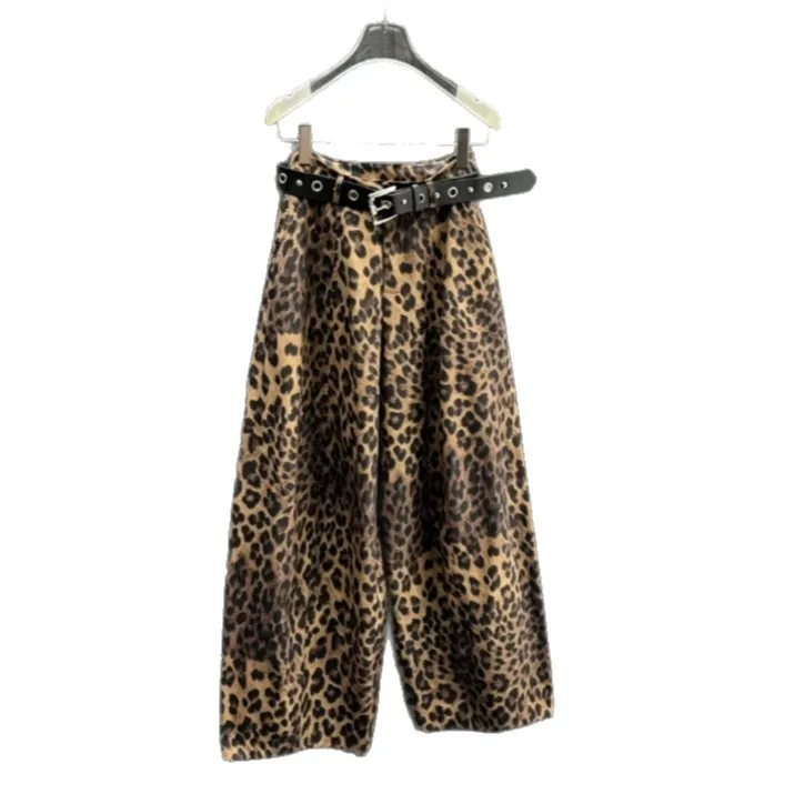 Wide Leg Leopard Print Pants Full Length Ins Style with Streetwear No Stretch Regular Thickness Belt Mid Waist Women Pants