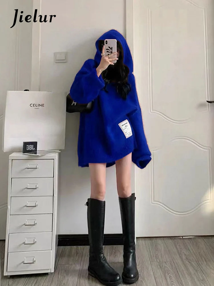 

Jielur Autumn New Loose Chic Woman Hoodies Simple Casual Slim Solid Color Knitting Female Hoodies Red Blue Fashion Streetwear