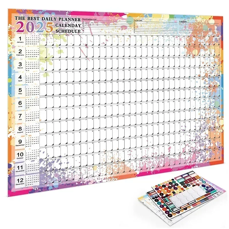 1 pc 2025, kleurrijke grote papieren wandkalender met stickers en tapes, 365 dagen kalender van het jaar, planner, memoschema's