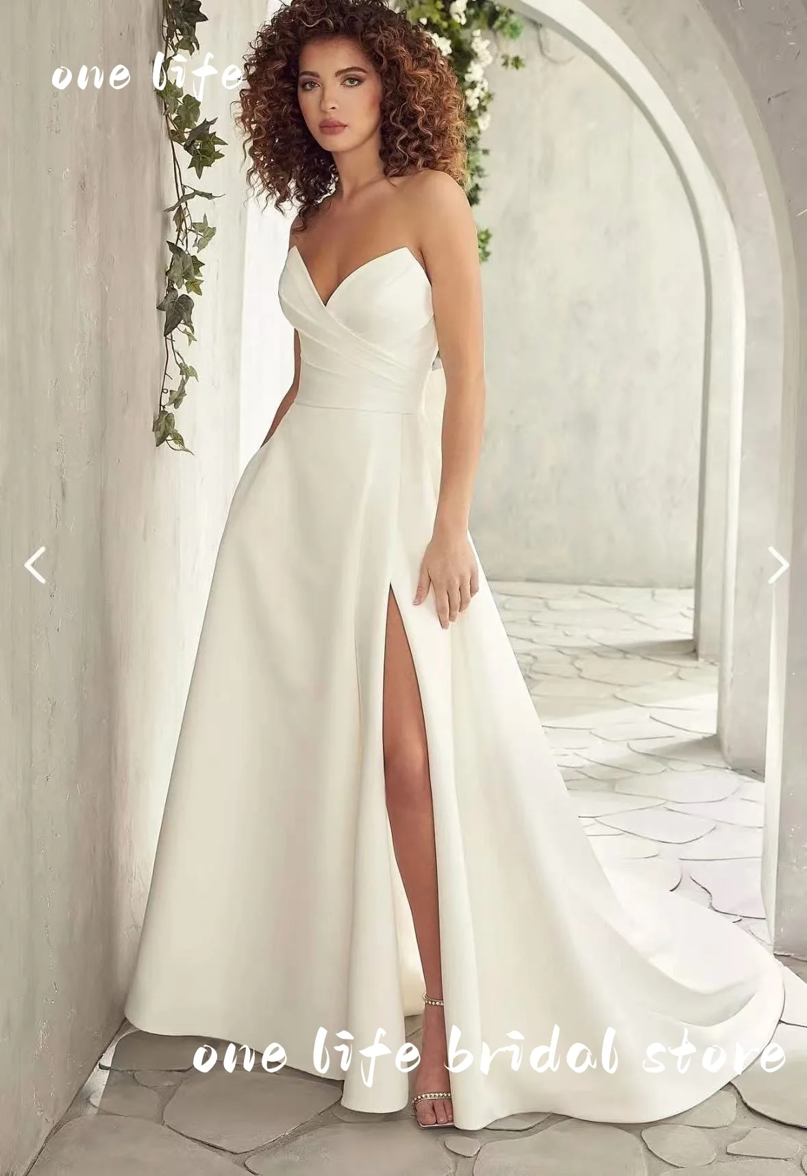 Gracioso vestidos de casamento cor sólida querida sem mangas sem costas arco vestido de noiva a linha alta fenda personalizar vestidos de novia