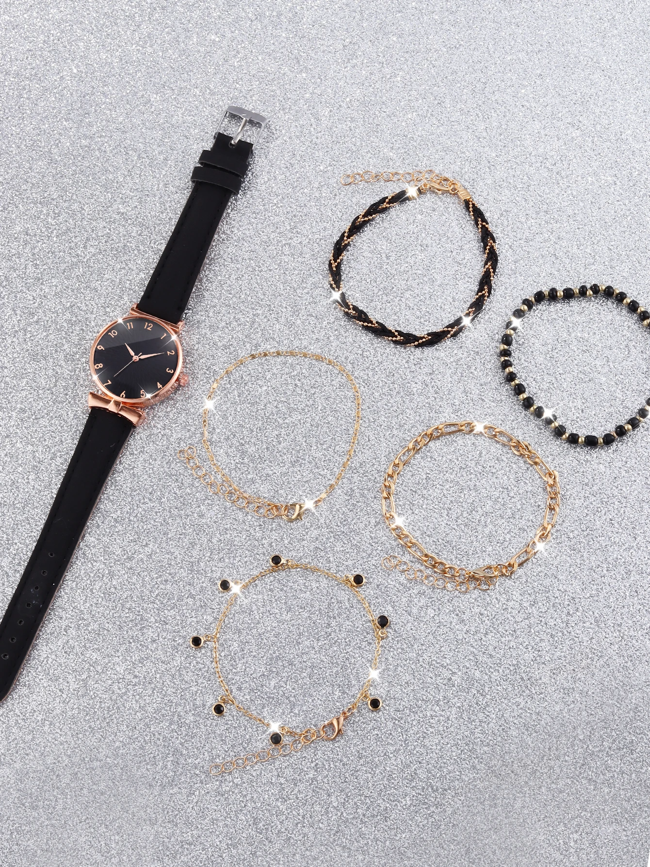 Black fashion convex design women's simple quartz watch and 5 bracelet set birthday gift everyday wear