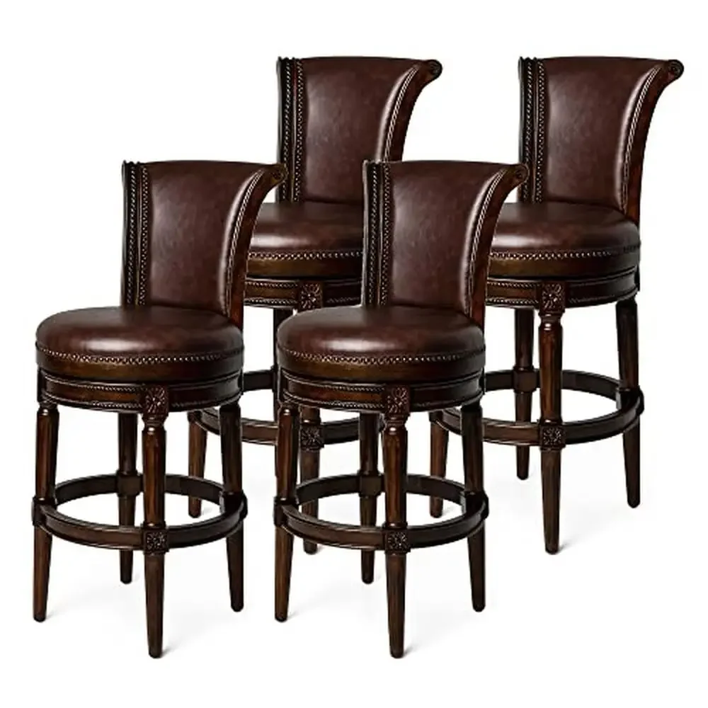 

31" Tall Bar Height Swivel Barstool Dark Walnut Finish Vintage Brown Vegan Leather Seat Effortless Elegance Smooth Swivel Luxe