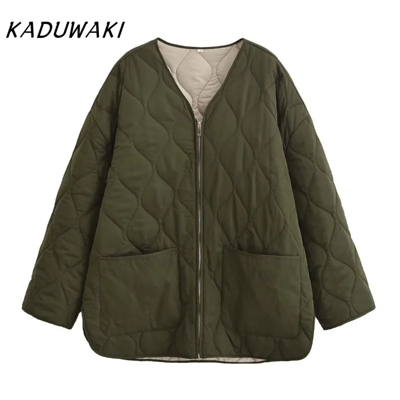 

KADUWAKI Chic Women's Poplin Loose Parkas V-neck Long Sleeve Zipper Pocket Spring/Summer New Fashion Cotton Coat Winter Jackets